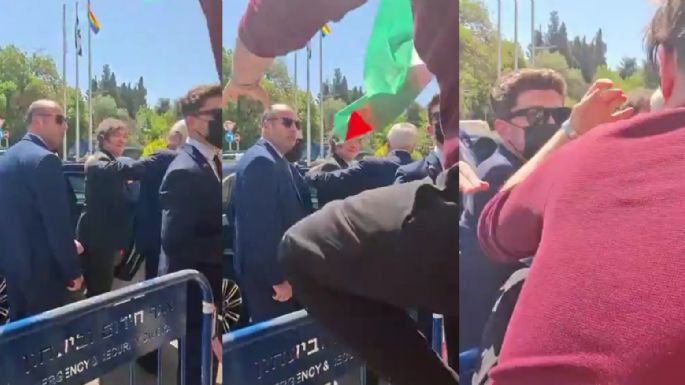 Un hombre con una bandera de Palestina intentó agredir a Javier Milei 