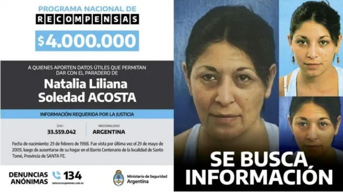 Aumentan la recompensa para encontrar a Natalia Liliana Soledad Acosta en Santa Fe