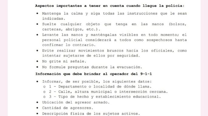 Recomendación a docentes: "intente incapacitar al agresor con la mayor agresividad, improvise armas"