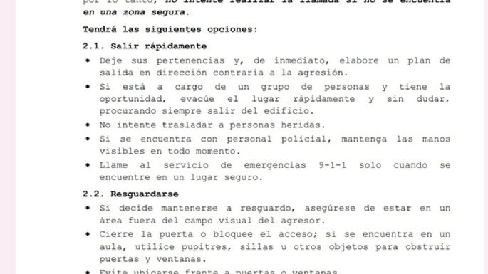 Recomendación a docentes: "intente incapacitar al agresor con la mayor agresividad, improvise armas"